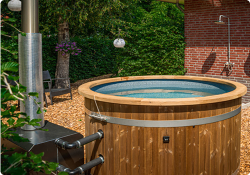 Bochten set houten hottub met externe kachel ticra outdoor houtgestookte hot tub